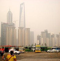 PuDong skyline across car park